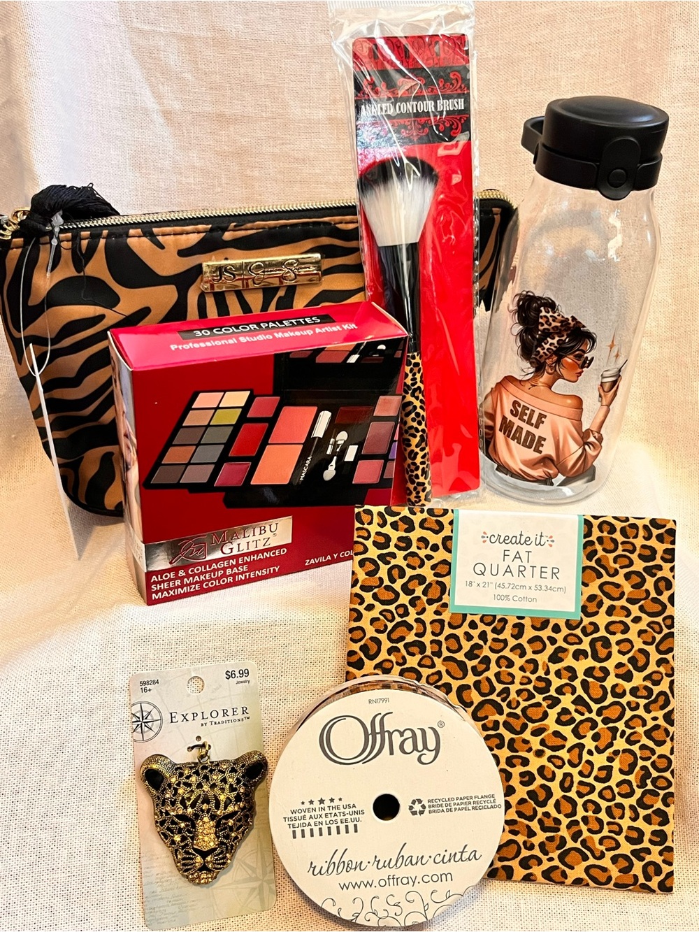 Malibu Glitz Make Bundle with Zebra Print Cosmetic Bag + Leopard Makeup